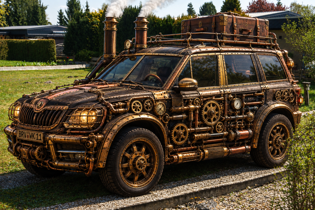 Dampfgetriebener Steampunk-SUV im Garten-2